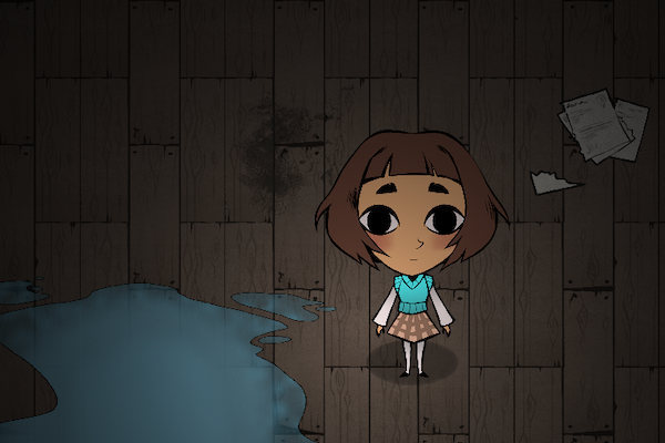 Screenshot from 8floor depicing the main character in a dark and scary room